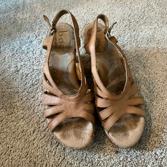BOC Floral Print Tan Leather Cork Wedge Sandals Size 10 w/ Buckle Ankle Strap - Picture 9 of 10